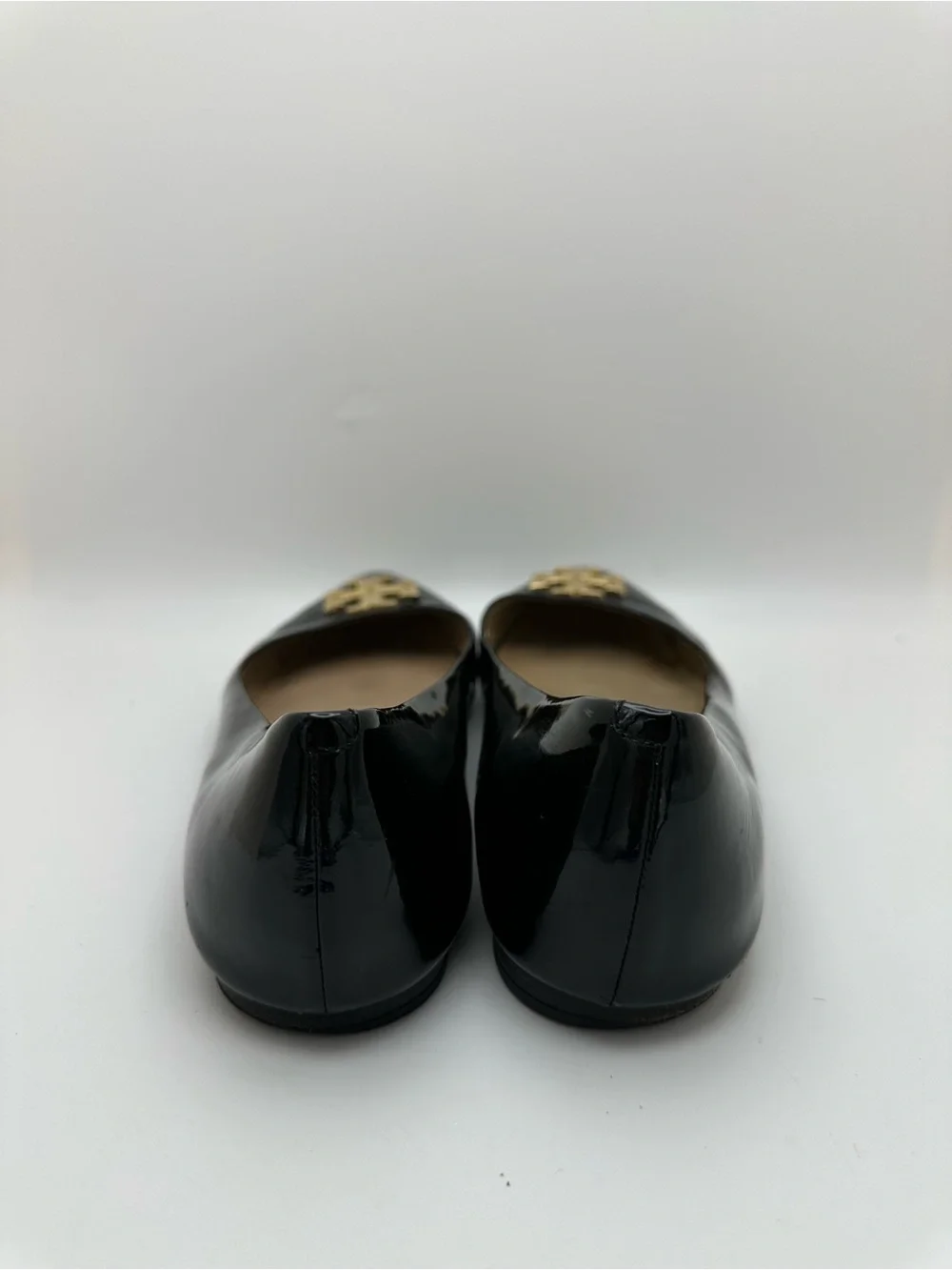 Tory Burch Black Patent Leather Logo Flats with Gold Emblem